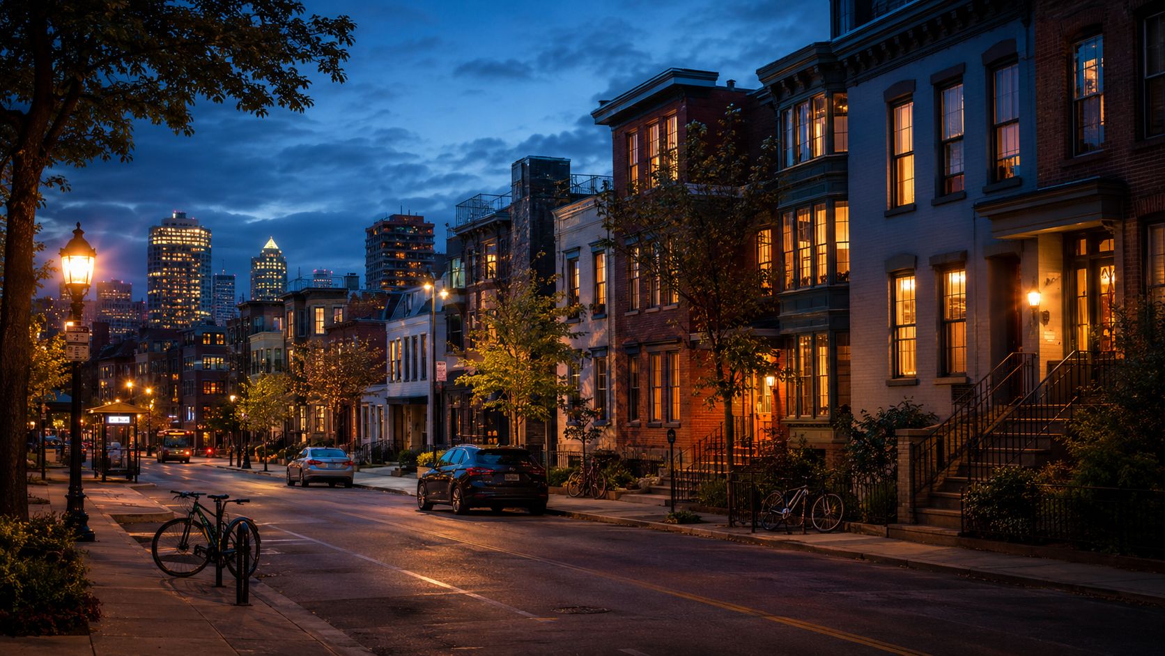 A residential street of homes at dusk, windows lit against a darkening sky.