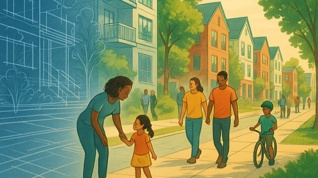 Illustration of families walking through a neighborhood with apartment buildings and small-scale homes in the background.